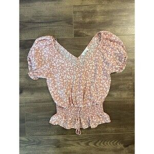 Womens XS Blush Pink Floral Short Sleeve Blouse Size XS Cottagecore Boho Peasant